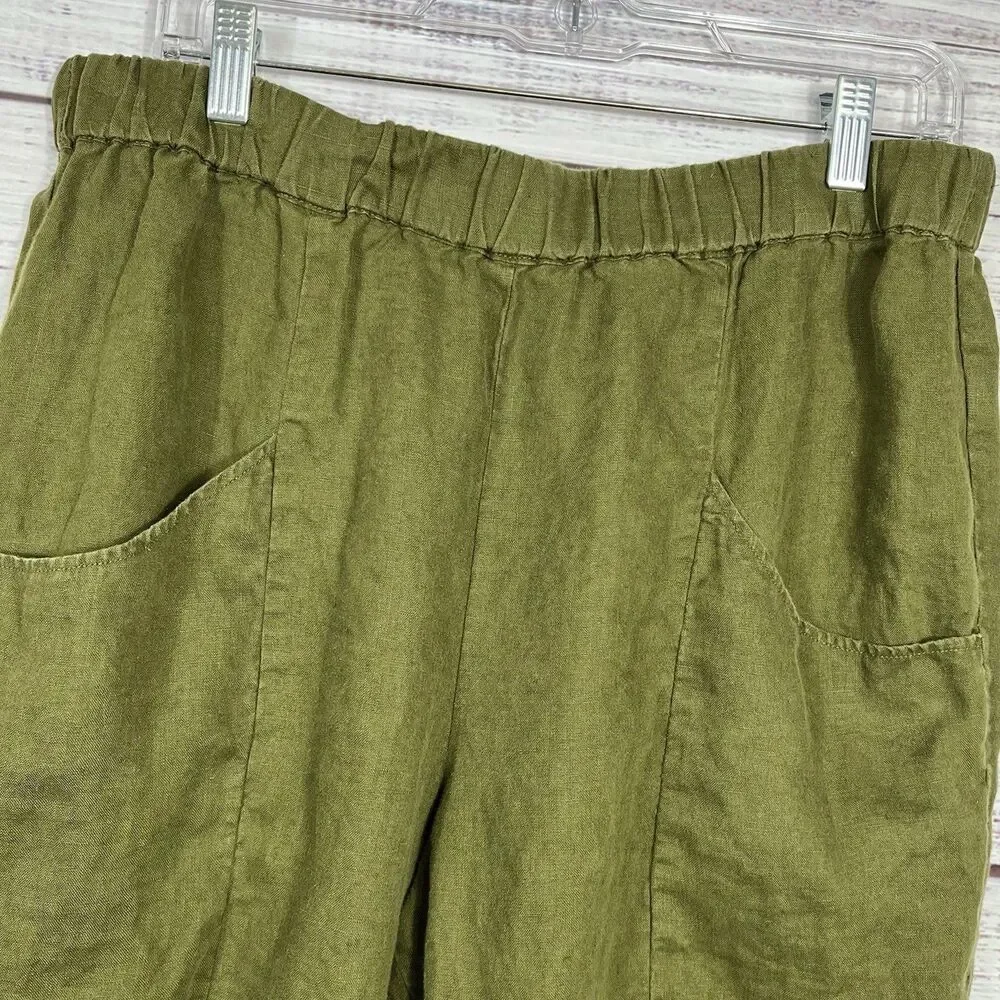 Quince 100% European Linen Pants Women’s Lg Martini Olive Pull On Ankle Elastic